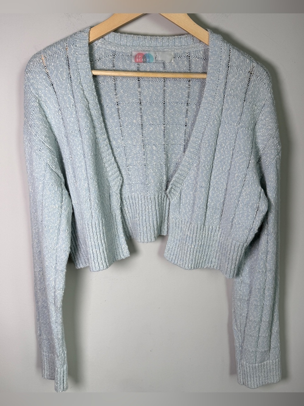 FP Beach Free People Ice Blue Cropped Open-Front Pointelle Knit Shrug Cardigan L